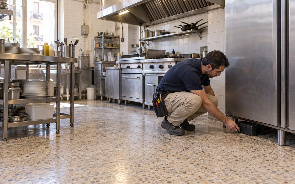 Técnico revisando puntos de control de plagas en la cocina de un restaurante de Madrid