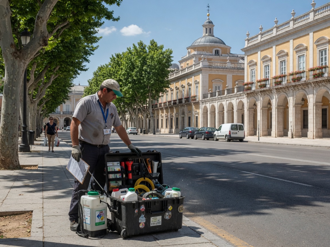 Técnico de control de plagas trabajando en Aranjuez