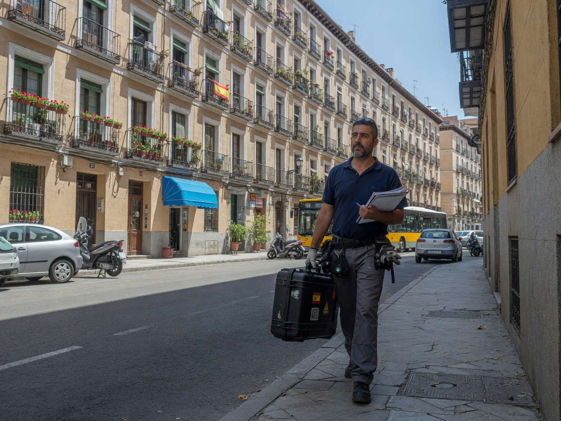 Técnico de control de plagas en camino a una visita en Madrid